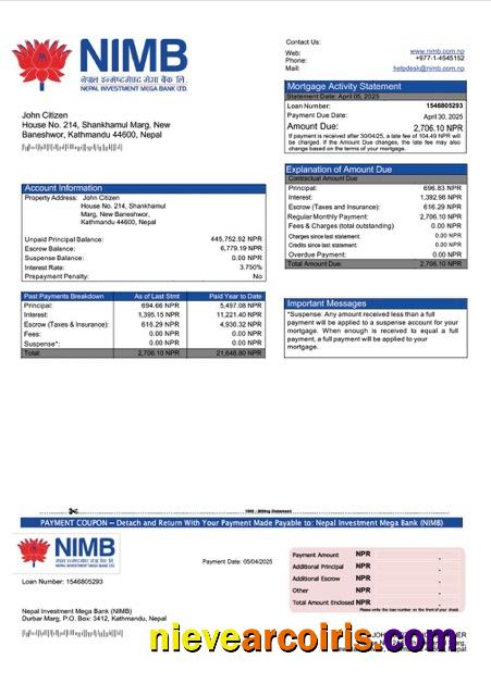 Nepal Investment Mega Bank (NIMB) mortgage statement Word and PDF template